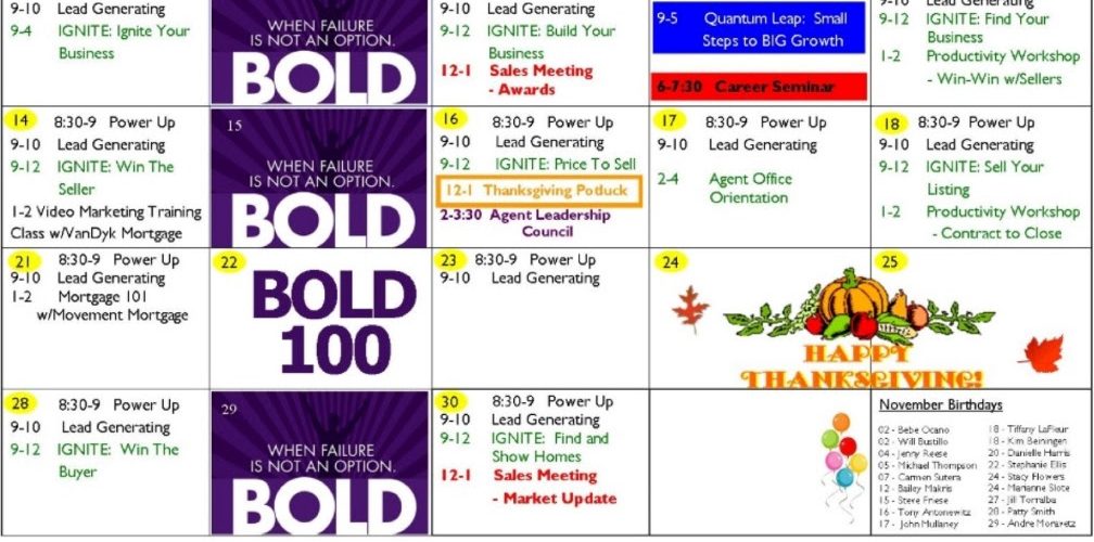Training at Keller Williams A Typical Monthly Training Calendar